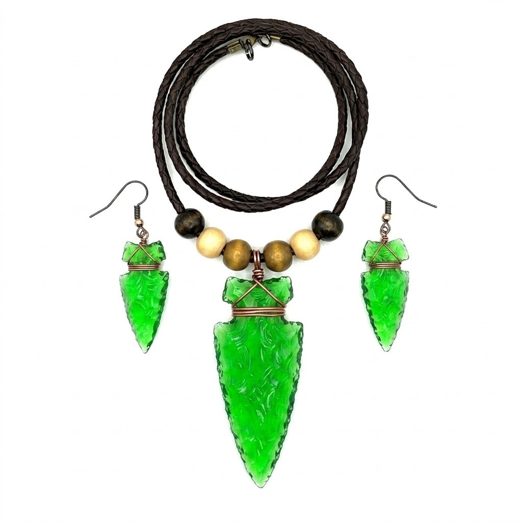 Green Glass Arrowhead Necklace & Earrings